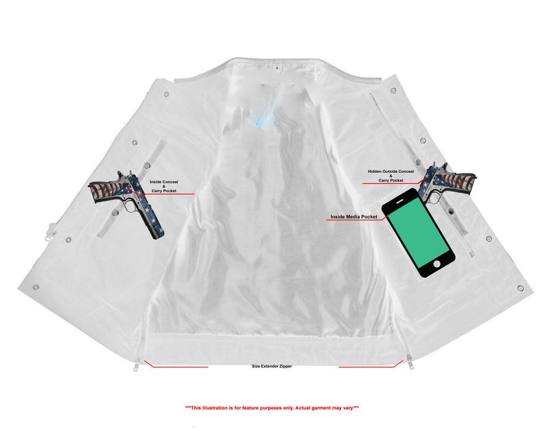 May include: White leather vest with multiple pockets, including a concealed carry pocket, a media pocket, and a hidden outside concealed carry pocket. The vest has a size extender zipper. "This illustration is for feature purposes only. Actual garment may vary."