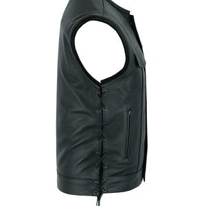 Puede incluir: Chaleco de cuero negro para motocicleta con la espalda con cordones y un bolsillo con cremallera en el lado derecho.