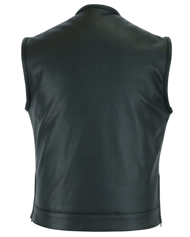 May include: Black leather vest with a zipper closure. The vest has a plain design and no pockets.
