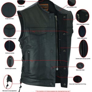 Puede incluir: Chaleco de moto de cuero negro con m&uacute;ltiples bolsillos, incluyendo bolsillos interiores para armas, bolsillos exteriores con cremallera y un bolsillo con bot&oacute;n a presi&oacute;n en el pecho. El chaleco tiene un cuello de baja restricci&oacute;n, una cremallera y broches resistentes, y cordones laterales para ajustar el tama&ntilde;o. "Esta ilustraci&oacute;n es solo para fines ilustrativos. La prenda real puede variar."