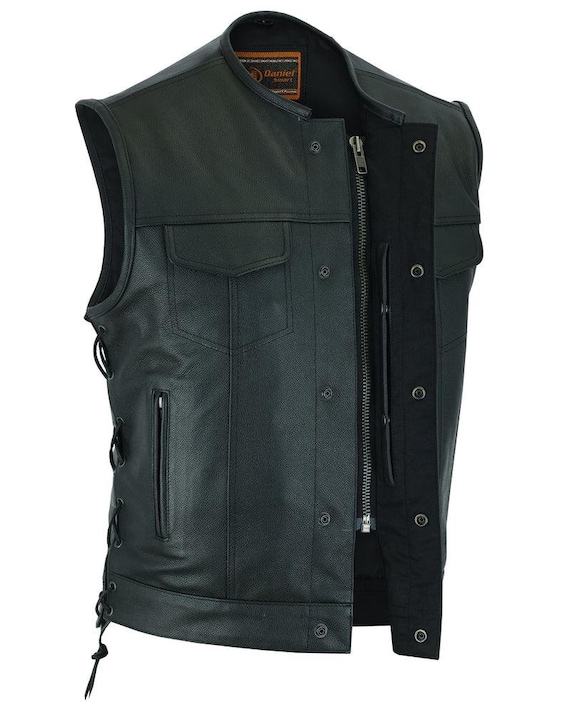 Pro USA upgraded outlaw Cowhide Leather Motorcycle Vest, Gun Pockets, Gunmetal Zipper, No collar and adjustable sides w/laces