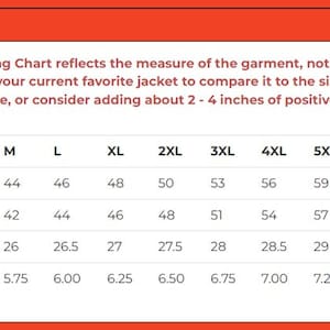 May include: Sizing chart for a garment, showing measurements in inches for chest, waist, back length, and shoulder. Sizes range from S to 8XL.