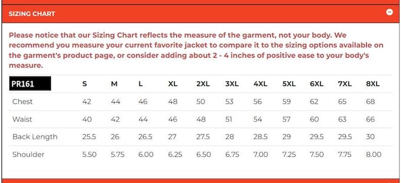 May include: Sizing chart for a garment, showing measurements in inches for chest, waist, back length, and shoulder. Sizes range from S to 8XL.