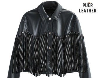 Women Moto Biker Fringe Leather Jacket Black - Genuine Sheepskin Leather Tassel Rivet Outfit Loose Fashion, Gift for her