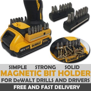 May include: A yellow and black magnetic bit holder for DeWalt drills and drivers. The holder is attached to a DeWalt drill battery. The text "18V XR DEWALT 2.0Ah" is printed on the battery. The holder is shown with a variety of drill bits.