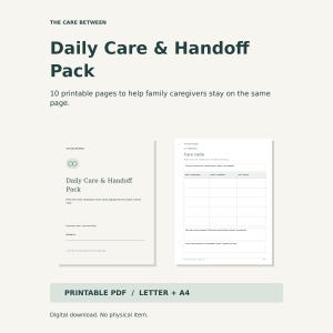 Peut inclure: Un pack numérique Daily Care & Handoff comprenant 10 pages imprimables pour les aidants familiaux. Le document inclut une page de titre et un formulaire Care Circle avec des champs pour les contacts, la disponibilité et des notes, en A4.