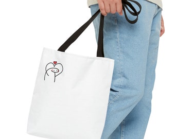 Adorable Cartoon Character with Heart White Tote Bag, Multi-Color Reuseable Tote Bag, Grocery Bag, Beach Bag, Gift For Family Or Friend
