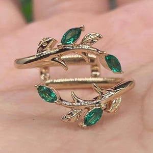 Leaf Inspired Enhancer Wedding Ring, Green Emerald Marquise Cut Diamond Engagement Ring, Wrap Guard Aggie Ring, 14K Yellow Gold Ring Jacket