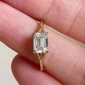Solitaire Wedding Ring, East To West Emerald Diamond Ring, 2.5 CT Emerald Cut Moissanite Engagement Ring, 14K Yellow Gold Split Shank Ring