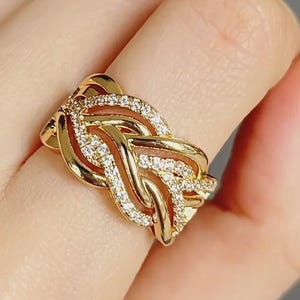Twisted Two Row Wide Wedding Band, Round Cut Moissanite Engagement Ring, 14K Yellow Gold Half Eternity Glamorous Design Rope Infinity Band