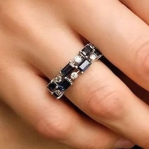Blue Sapphire Dot Dash Wedding Ring, Baguette & Round Cut Engagement Band, Full Eternity Wide Band, 14K White Gold East To West Band For Her