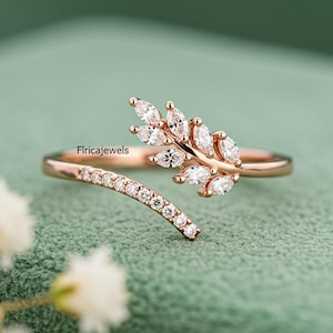 Open Cuff Wedding Ring, Marquise & Round Cut Moissanite Engagement Ring, Leaf Inspired Adjustable Ring, 14K Gold Open Diamond Bypass Ring