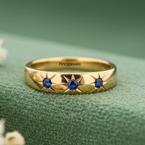 Flush Setting Half Eternity Wedding Band, Sapphire Round Cut Engagement Ring, 14K Gold Three Stone Band, Star Motif Art Deco Trilogy Band