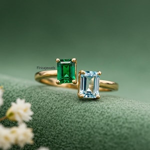Open Cuff Wedding Ring, Family Gemstone Emerald Cut Engagement Ring, Two Stone Adjustable Ring, 14K Gold Open Diamond Toi Et Moi Swirl Ring