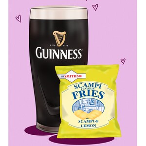 May include: An illustration featuring a pint of Guinness and a packet of Scampi Fries. The Guinness glass has the brand logo. The bag of crisps is yellow with blue and white text. The text "The Perfect Pairing" is at the bottom.