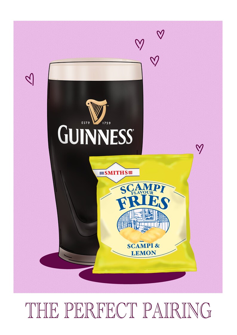 May include: An illustration featuring a pint of Guinness and a packet of Scampi Fries. The Guinness glass has the brand logo. The bag of crisps is yellow with blue and white text. The text "The Perfect Pairing" is at the bottom.