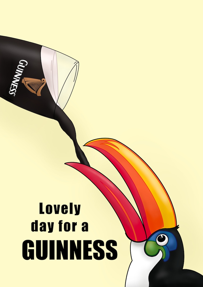 K&ouml;nnte beinhalten: Ein Tukan mit einem gro&szlig;en orangefarbenen und roten Schnabel trinkt aus einem Glas Guinness-Bier. Der Text "Lovely day for a GUINNESS" befindet sich unter dem Tukan.