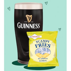 May include: An illustration featuring a pint of Guinness and a packet of Scampi Fries. The Guinness glass displays the brand logo and the text "ESTD 1759". The yellow packet of crisps reads "SCAMPI FLAVOUR FRIES". The words "THE PERFECT PAIRING" are at the bottom.