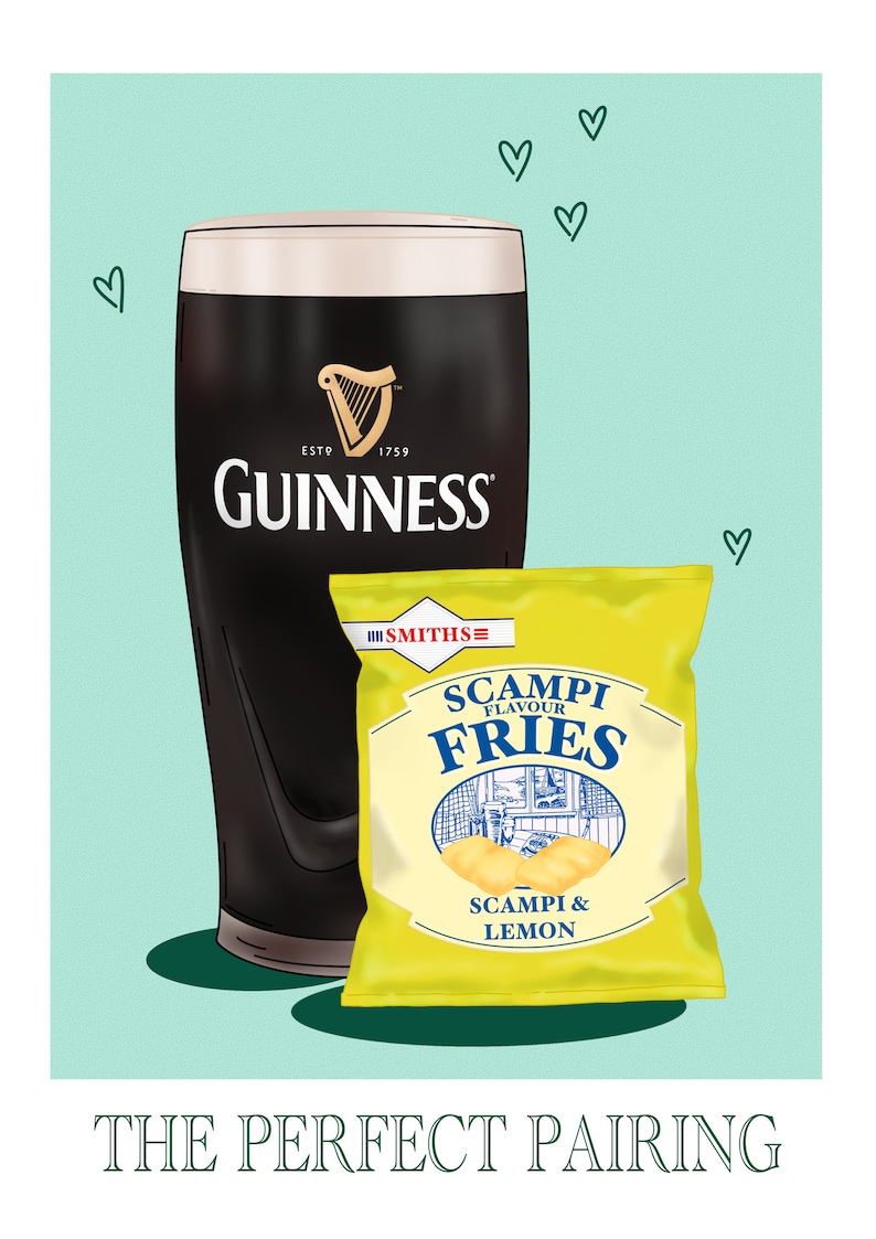May include: An illustration featuring a pint of Guinness and a packet of Scampi Fries. The Guinness glass displays the brand logo and the text "ESTD 1759". The yellow packet of crisps reads "SCAMPI FLAVOUR FRIES". The words "THE PERFECT PAIRING" are at the bottom.