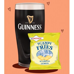 May include: An illustration featuring a pint of Guinness and a packet of Scampi Fries. The Guinness glass is black with a white head and the Guinness logo. The bag of fries is yellow with blue and white text. The phrase "The Perfect Pairing" is at the bottom.