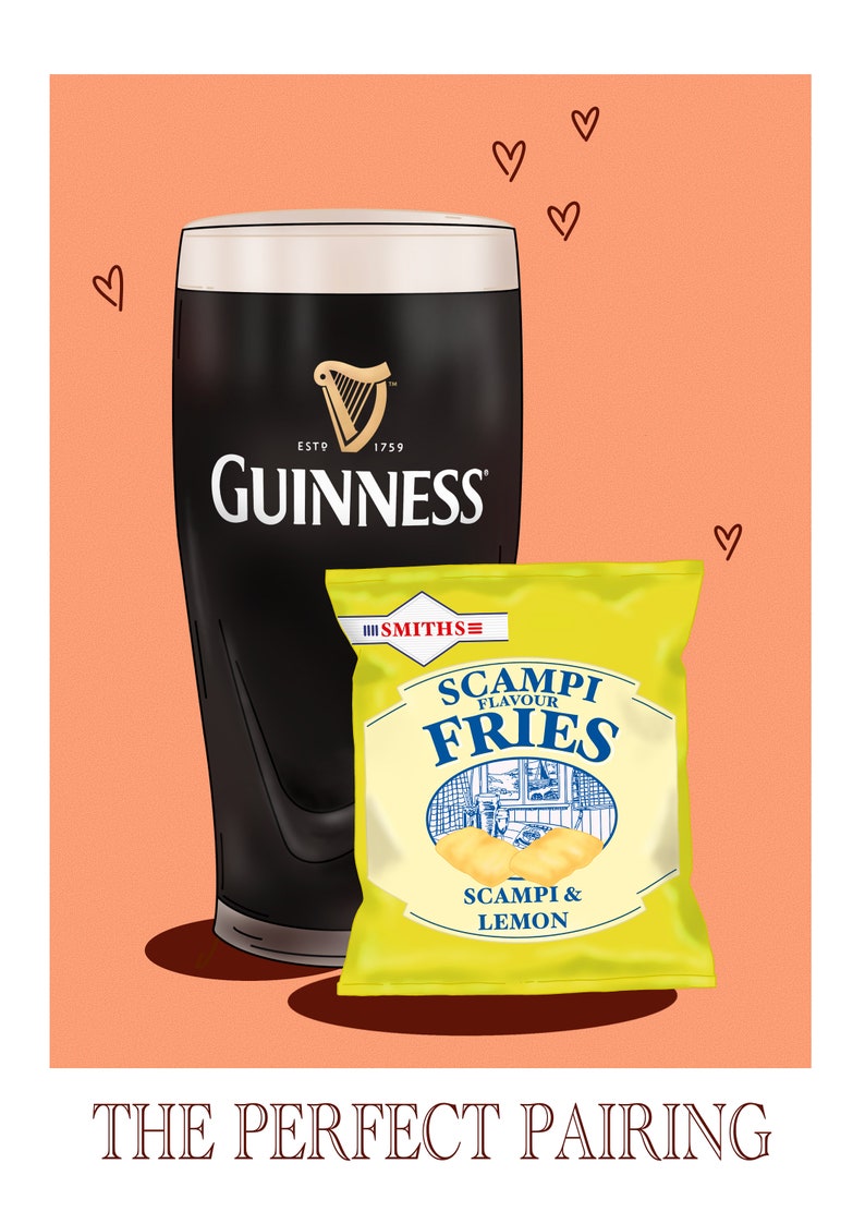 May include: An illustration featuring a pint of Guinness and a packet of Scampi Fries. The Guinness glass is black with a white head and the Guinness logo. The bag of fries is yellow with blue and white text. The phrase "The Perfect Pairing" is at the bottom.