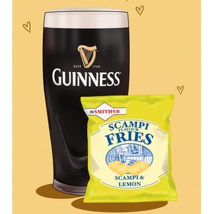 May include: An illustration featuring a pint of Guinness and a packet of Scampi Fries. The Guinness glass has the brand's logo. The bag of crisps is yellow and says "Scampi & Lemon". The phrase "The Perfect Pairing" is at the bottom.