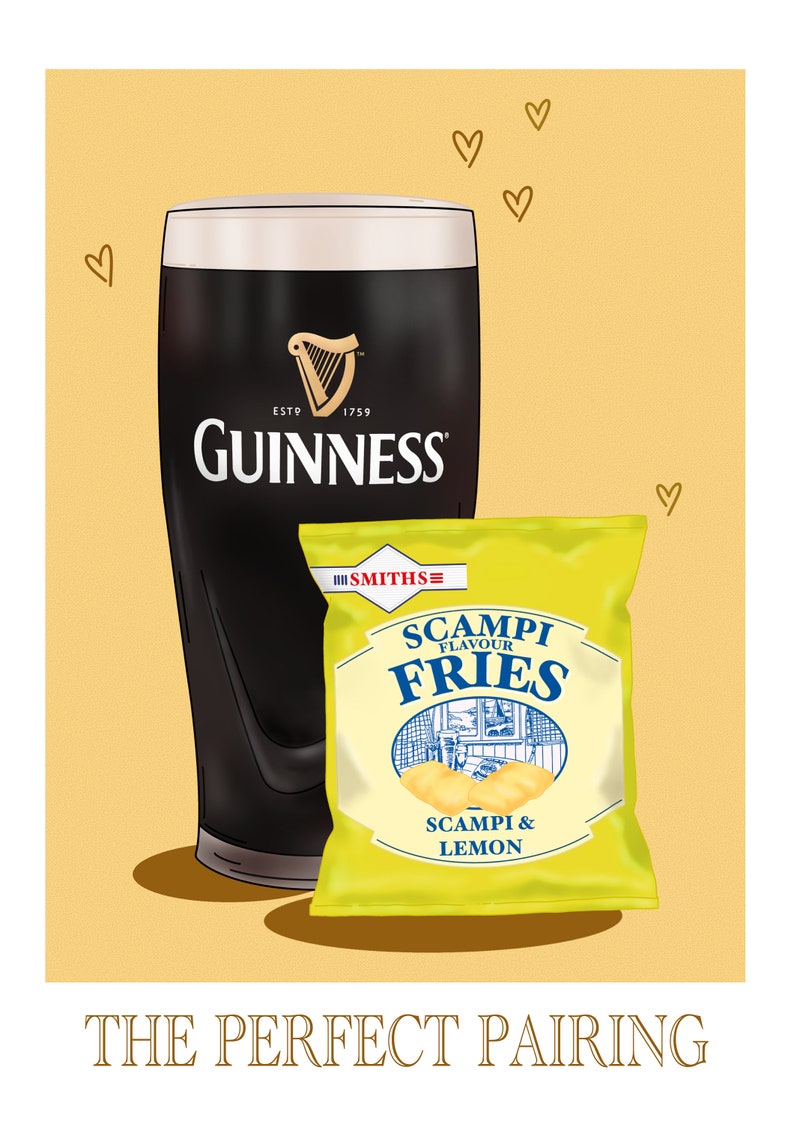 May include: An illustration featuring a pint of Guinness and a packet of Scampi Fries. The Guinness glass has the brand's logo. The bag of crisps is yellow and says "Scampi & Lemon". The phrase "The Perfect Pairing" is at the bottom.