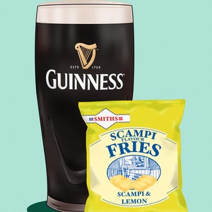 May include: An illustration featuring a pint of Guinness and a packet of Scampi Fries. The Guinness glass is black with a white head and the Guinness logo. The Scampi Fries packet is yellow and reads "Scampi Flavour Fries" and "Scampi & Lemon".