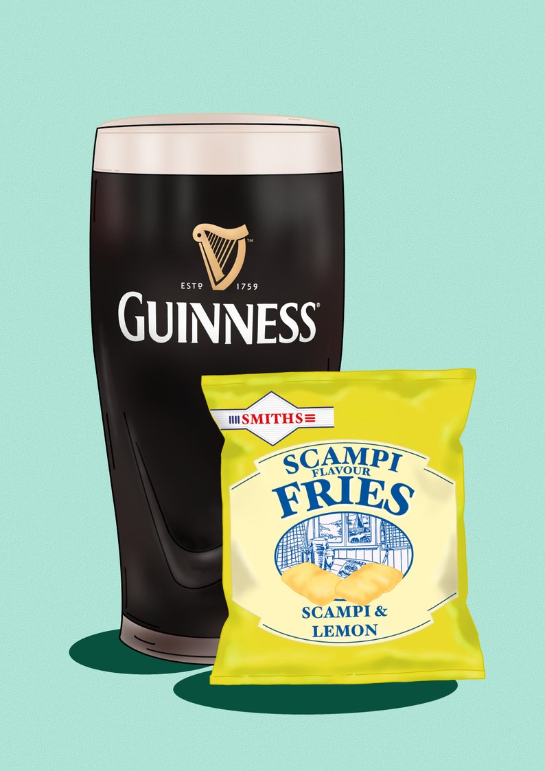 May include: An illustration featuring a pint of Guinness and a packet of Scampi Fries. The Guinness glass is black with a white head and the Guinness logo. The Scampi Fries packet is yellow and reads "Scampi Flavour Fries" and "Scampi & Lemon".
