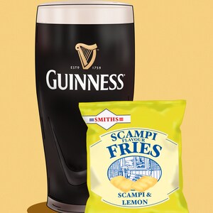 May include: Illustration of a pint of Guinness stout and a bag of Smiths Scampi Fries. The Guinness glass is black with the white Guinness logo. The Scampi Fries bag is yellow with blue text.