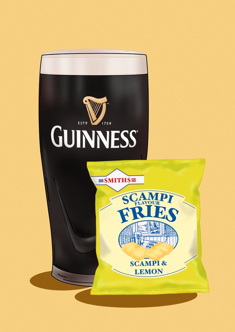 May include: Illustration of a pint of Guinness stout and a bag of Smiths Scampi Fries. The Guinness glass is black with the white Guinness logo. The Scampi Fries bag is yellow with blue text.