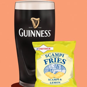 May include: An illustration of a pint of Guinness and a packet of Scampi Fries. The Guinness glass is black with the brand logo. The Scampi Fries packet is yellow with blue text and a scampi image.