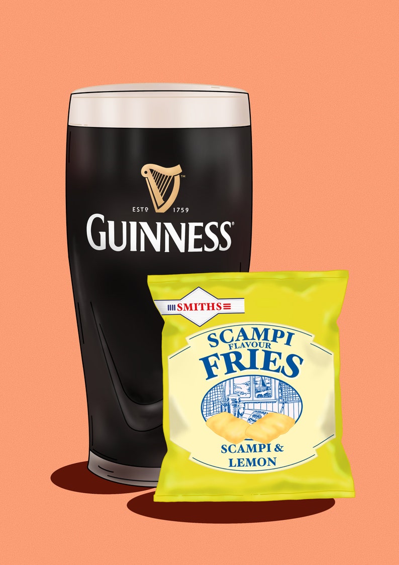 May include: An illustration of a pint of Guinness and a packet of Scampi Fries. The Guinness glass is black with the brand logo. The Scampi Fries packet is yellow with blue text and a scampi image.