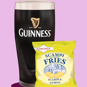 May include: Illustration of a pint of Guinness stout and a bag of Scampi Fries. The Guinness glass is black with a white head and the Guinness logo. The Scampi Fries bag is yellow with blue text.