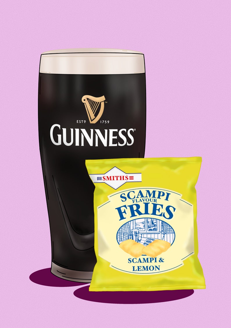 May include: Illustration of a pint of Guinness stout and a bag of Scampi Fries. The Guinness glass is black with a white head and the Guinness logo. The Scampi Fries bag is yellow with blue text.