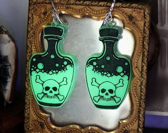 Poison Bottle Laser cut Glow in the Dark Acrylic Gothic Skull Earrings