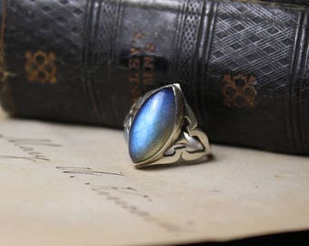 Gothic Tracery Marquise Cut Labradorite Hand Cut Sterling Silver Sheild Ring
