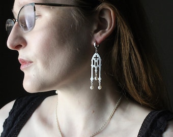 Triple Pearl Silver Gothic Tracery Earring