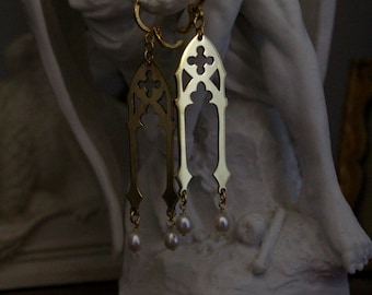 Double Pearl Brass Gothic Tracery Earring