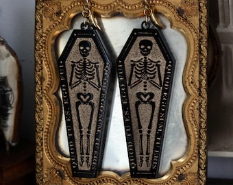 Black and Gold Coffin Memento Mori Lasercut Acrylic Gothic Skull Earrings