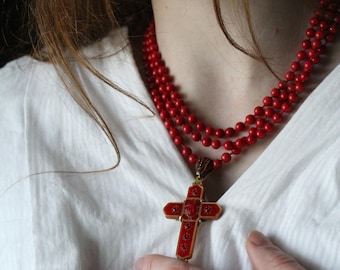 Gothic Coral Scarab Crucifix Necklace