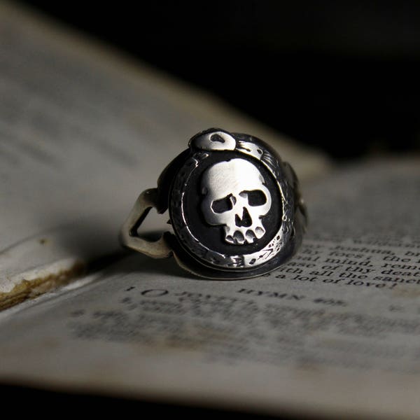 Memento Mori Skull Ouroboros Hand Cut Sterling Silver Signet Ring