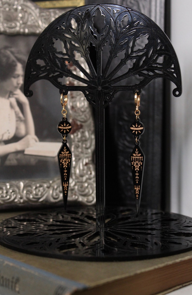 Black and Gold Etruscan Revival Greek Revival Inspired Victorian Style Laser Cut Acrylic Earrings image 5