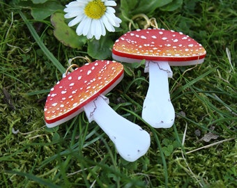 Amanita Muscaria Mushroom Toadstool Red and White Laser Cut Acrylic Earrings Cottagecore