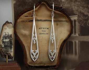 Long Gothic Tracery Recycled Sterling Silver Earring