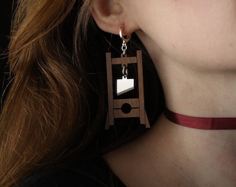 Guillotine Earrings Walnut and Aluminum Lasercut Wood