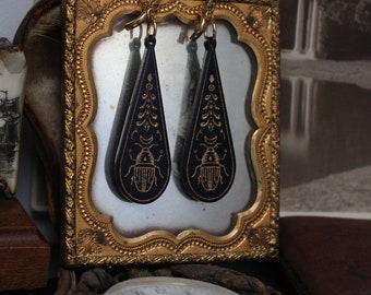 Beetle Teardrop Drop Black and Gold Etruscan Revival Greek Revival Inspired Victorian Style Laser Cut Acrylic Earrings