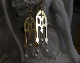 Triple Pearl Brass Gothic Tracery Earring