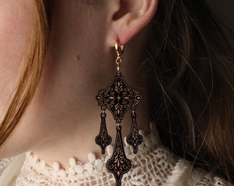 Chandelier Black and Gold Etruscan Revival Greek Revival Inspired Victorian Style Laser Cut Acrylic Earrings