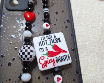 Hot mess, spicy disaster, phone strap, phone accessories, cute, rude, fun, gothic, phone charm, pink, alternative, humour, mum, mummy, spicy